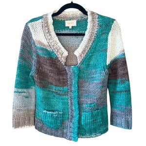 Shae Anthropologie Sz M Chunky Knit Cardigan Teal Cream Brown Abstract